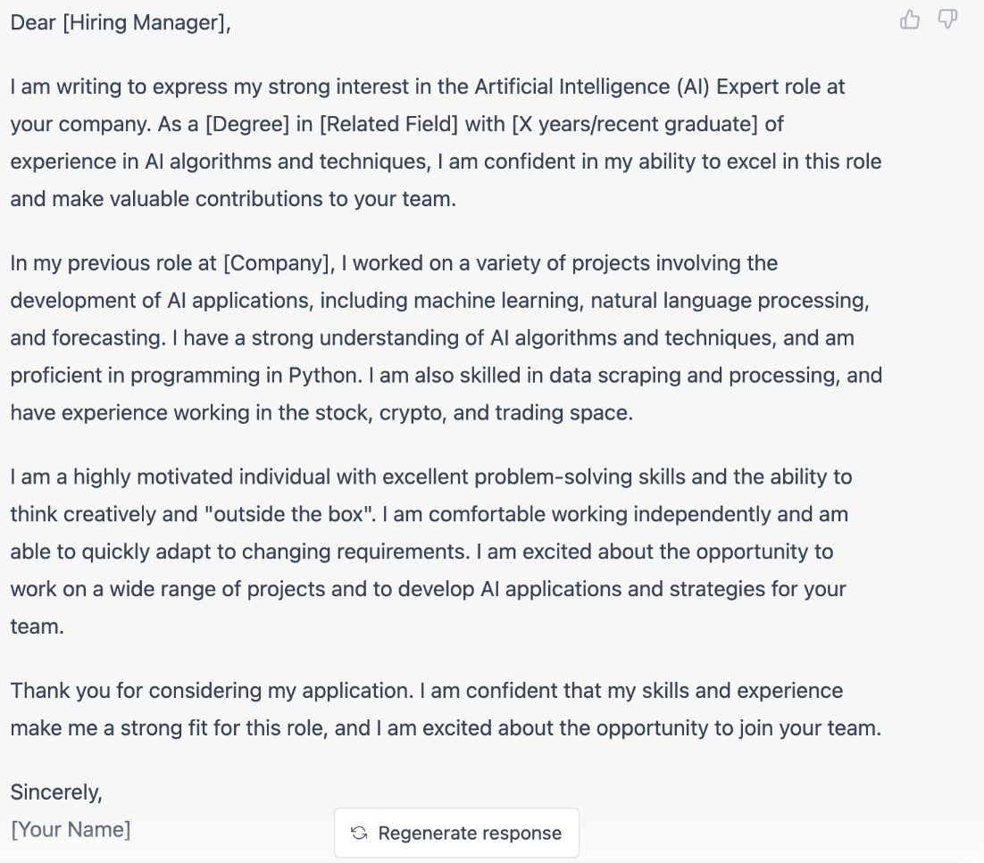 Writing cover letter using ChatGPT