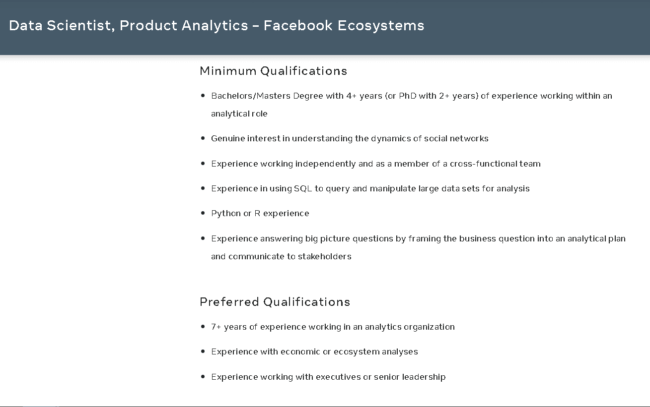 Data Scientist Product Analytics Facebook Ecosystems Position