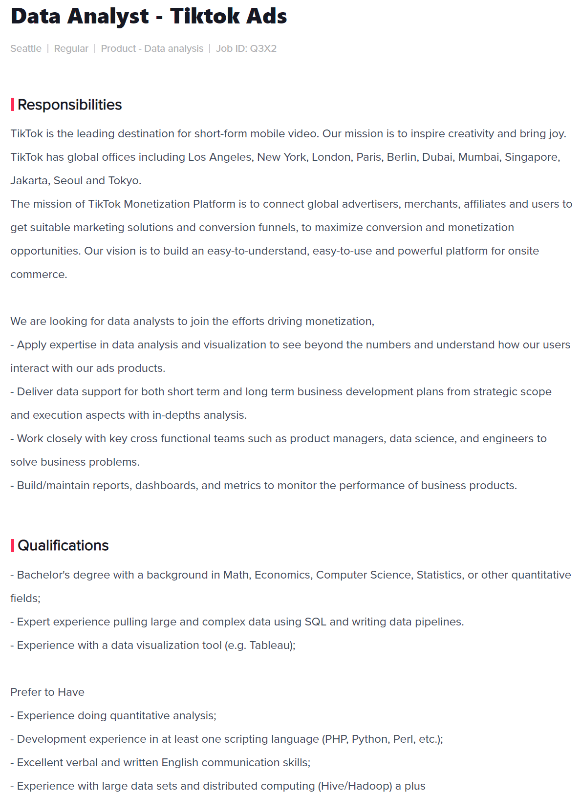 TikTok Remote Data Analysts Job Description