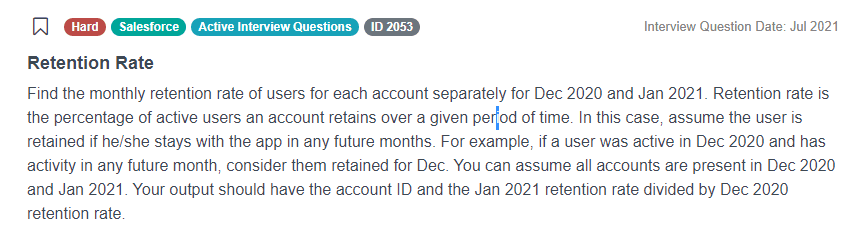 Retention Rate Data Science Interview Question from Salesforce