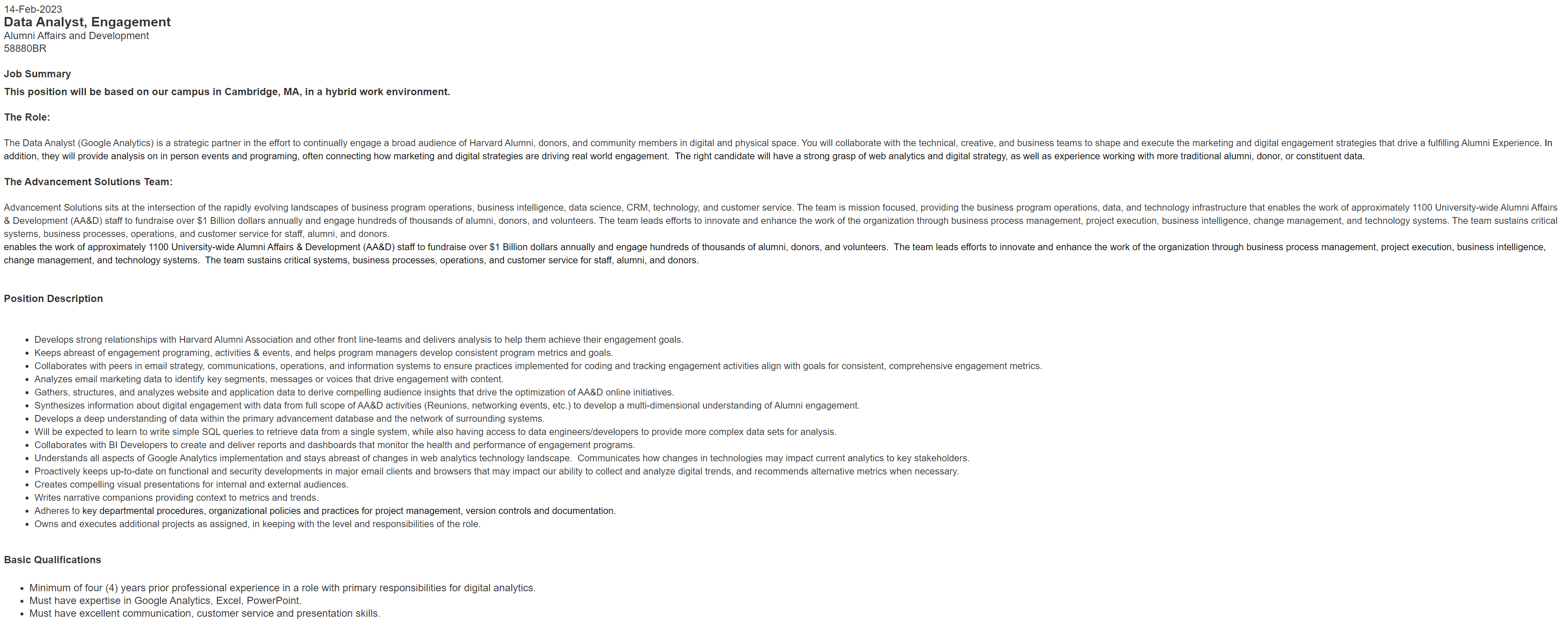 Harvard Remote Data Analysts Job Description