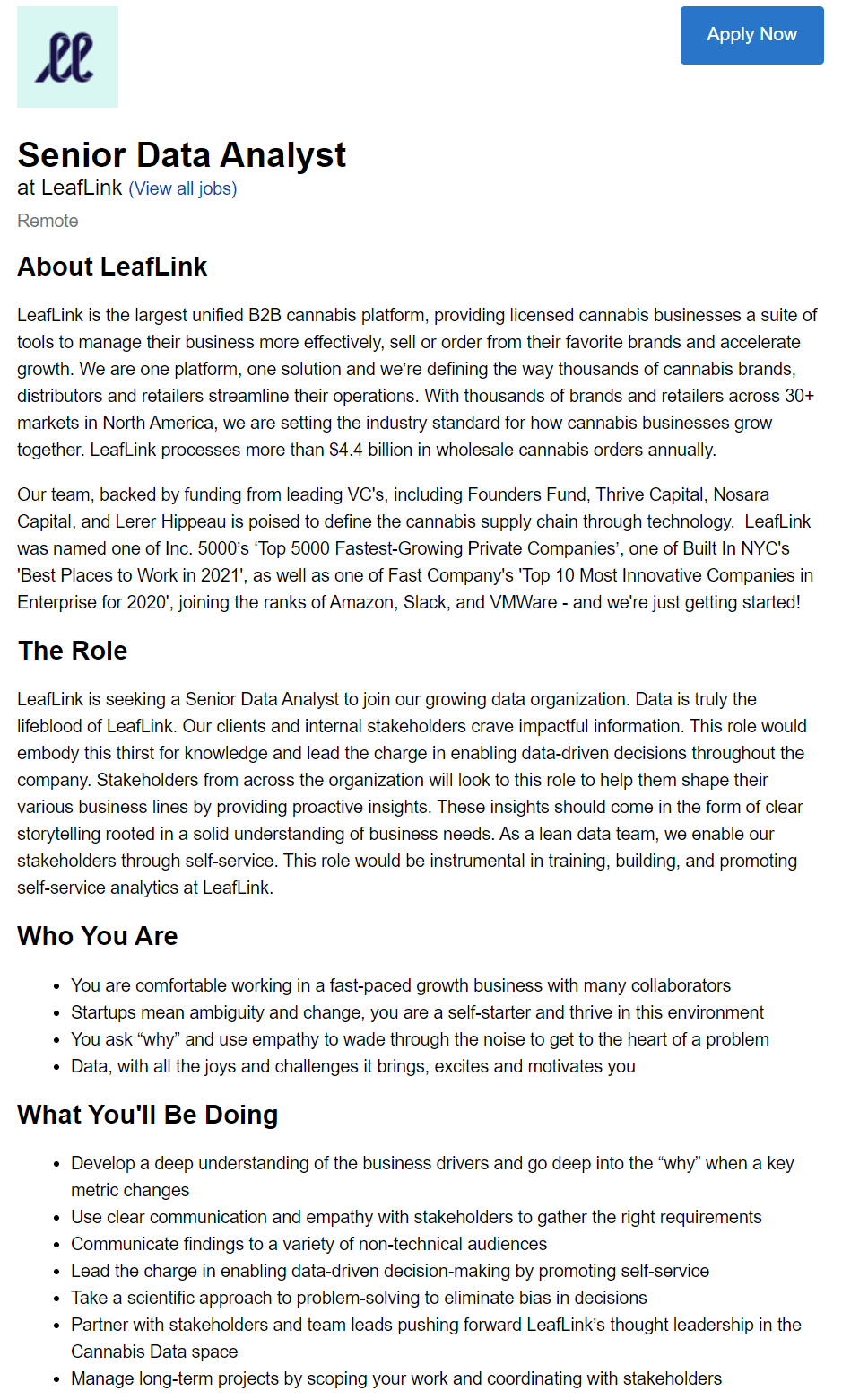 Leaflink Remote Data Analysts Job Description