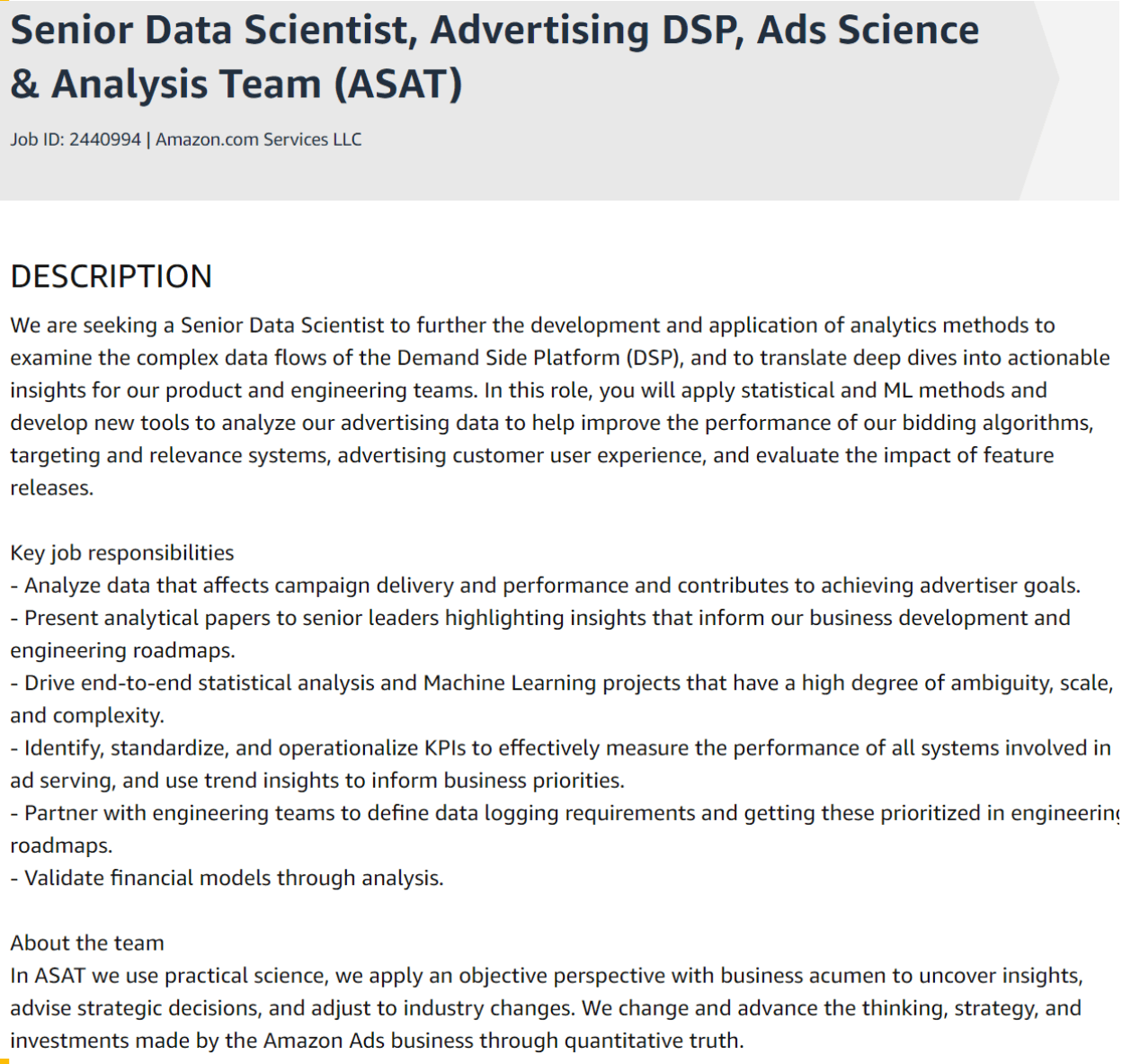 Sr Data Scientist Salary and Responsibilities at Amazon