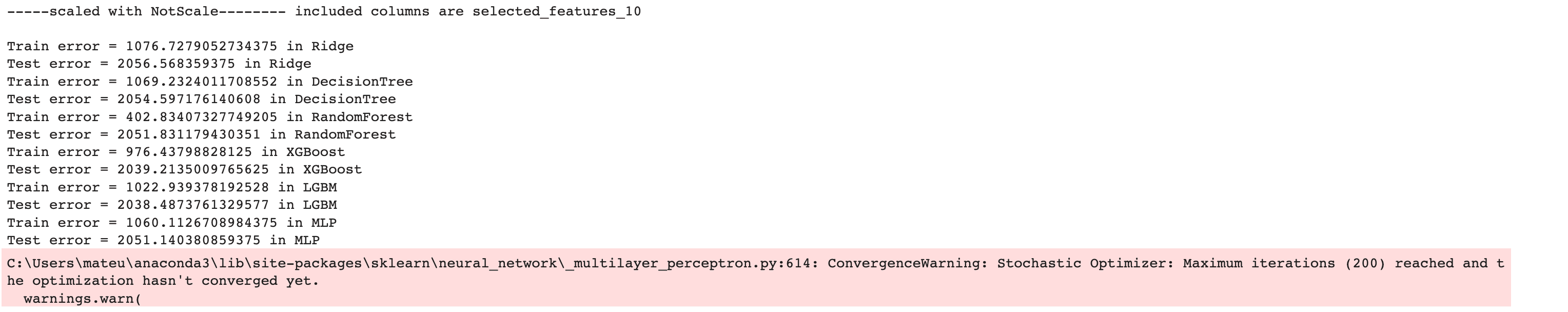 Data Project Machine Learning Models Output