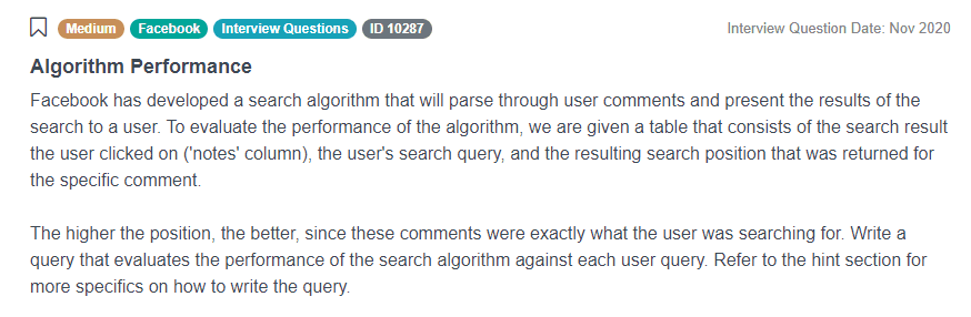 Facebook Algorithm Data Scientist Interview Question