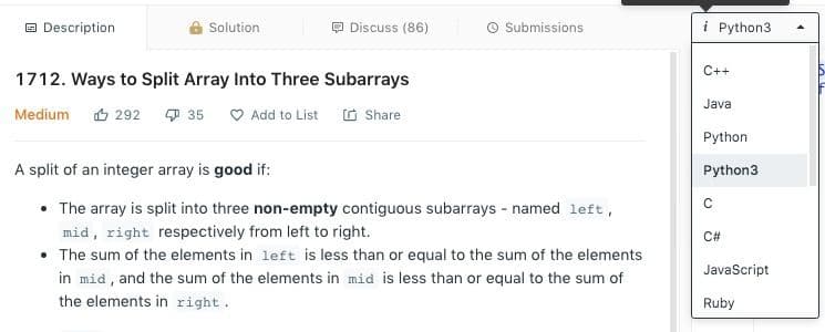 Selecting Python Language Solution on LeetCode