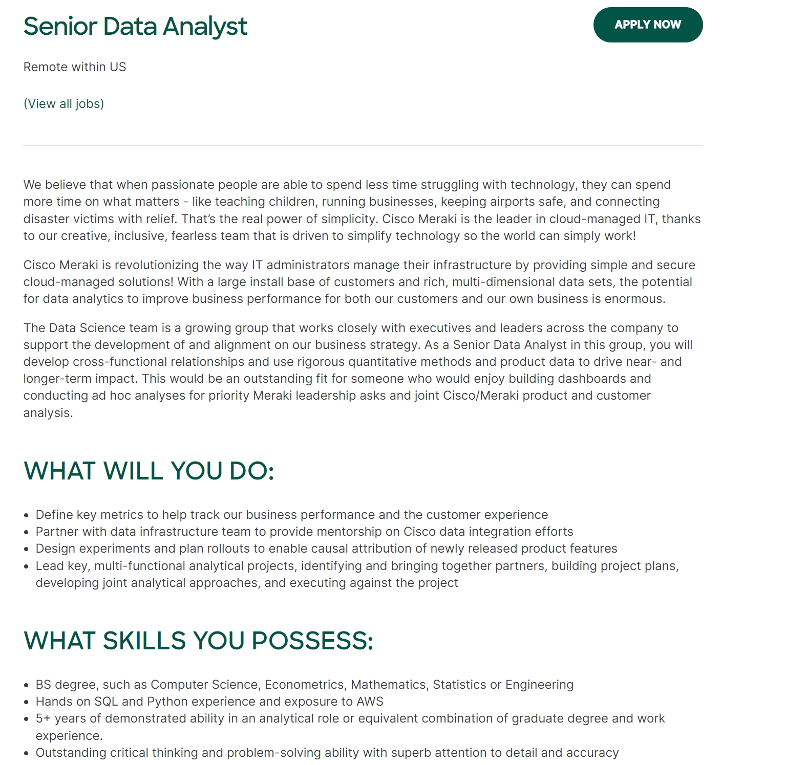 Remote Data Analysts Jobs at Meraki