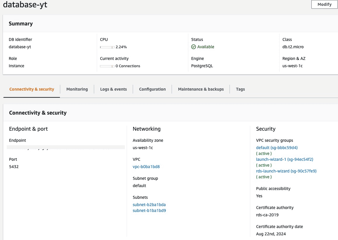 Creating database on AWS