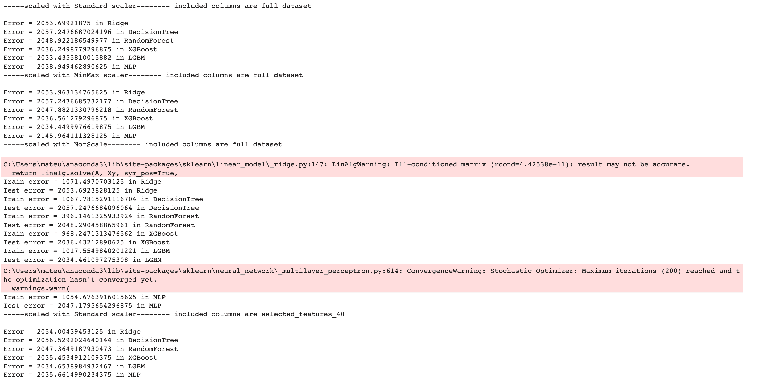 Data Project Machine Learning Models Output