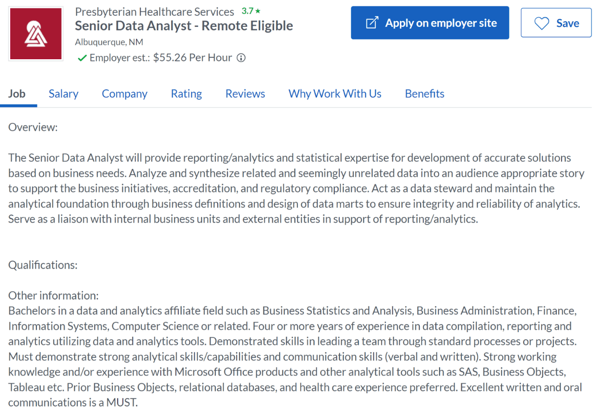 Remote Sr. Data Analyst Job Role