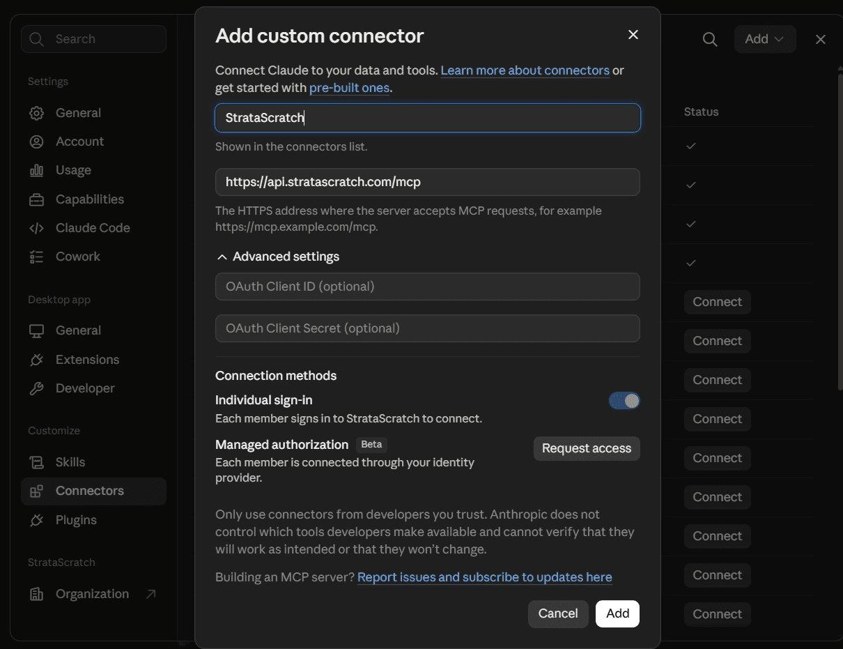 How to Connect StrataScratch to Claude Using an MCP Connector