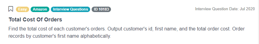 Total Cost Of Orders Data Science Interview Question