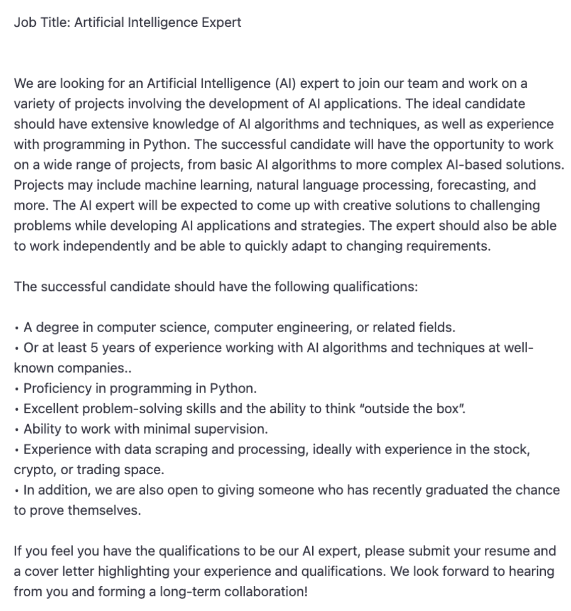 Writing cover letter using ChatGPT